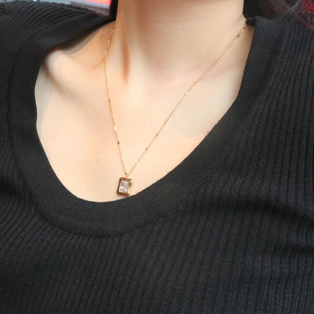 Chris April Fashion Jewelry Non-tarnish PVD Gold Plated 316L Stainless Steel Emerald Cut Zircon Gemstone Pendant Necklace
