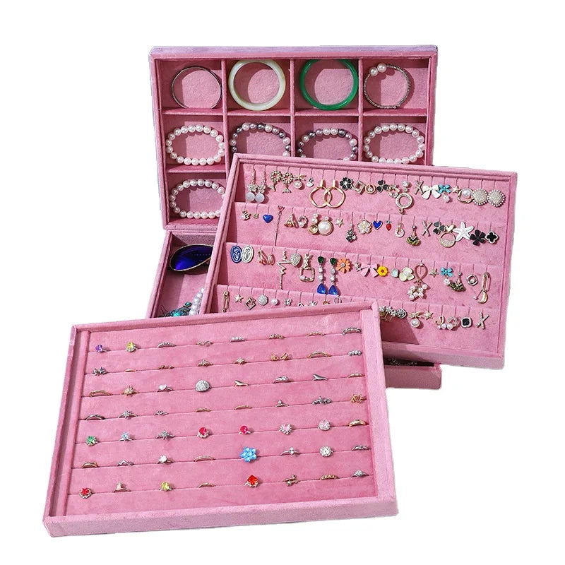 Fancy Velvet Flannelette Jewelry Tray Pink Jewelry Ring Earring Tray Display 35x24x3cm Custom Jewelry Storage Rack Wholesale