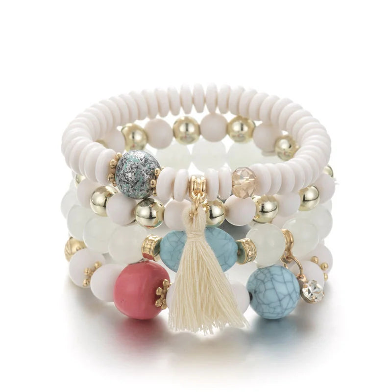 Hot Sale New Fashion Beaded Bracelet Tassel Acrylic Glass Colorful Boho Braided Bracelets Jewelry Wholesale