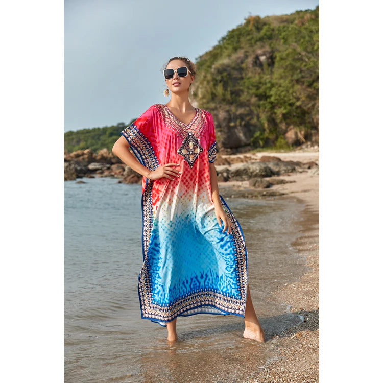 Unique  Ethnic Style Red and Blue Gradient Quick Drying Long Skirt Plus Size Kaftan