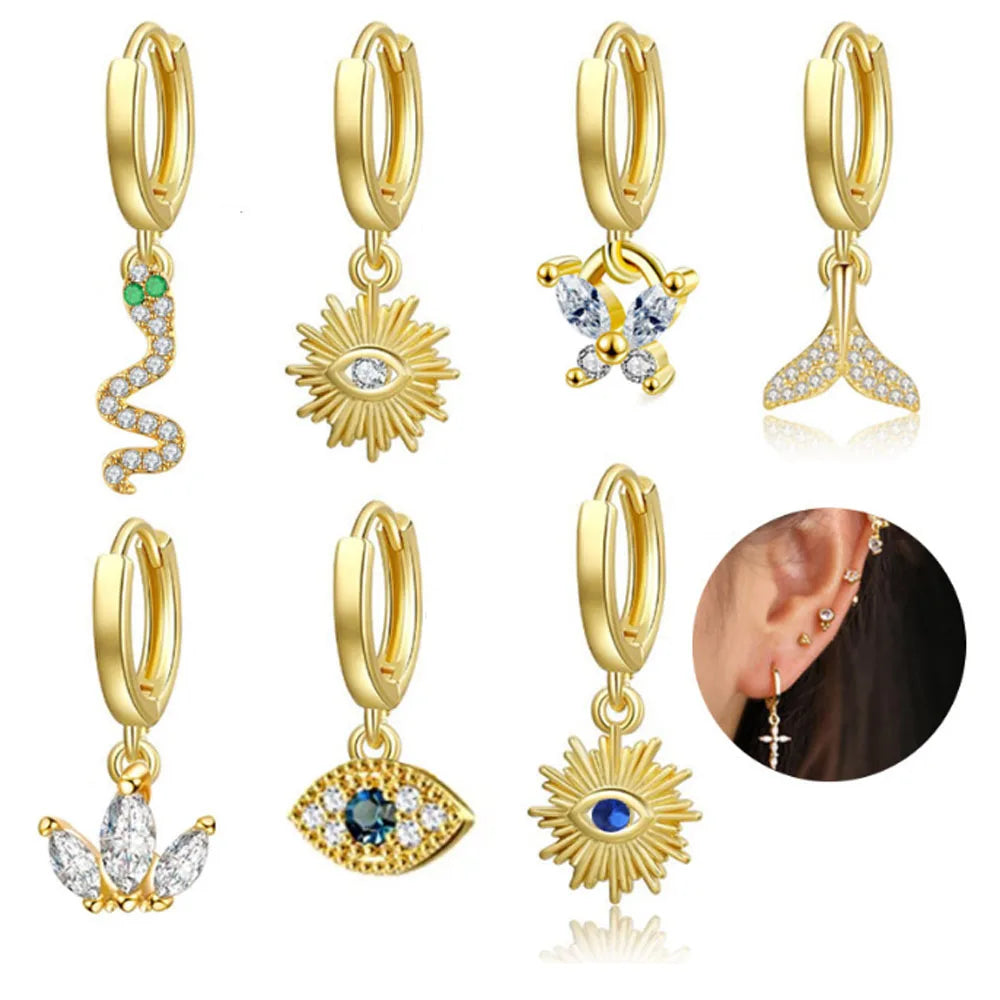 Alloy Gold and Silver Rhinestone Beads Paving Small Huggine Hoop Dangle Earring with Charm Pendants Earrings