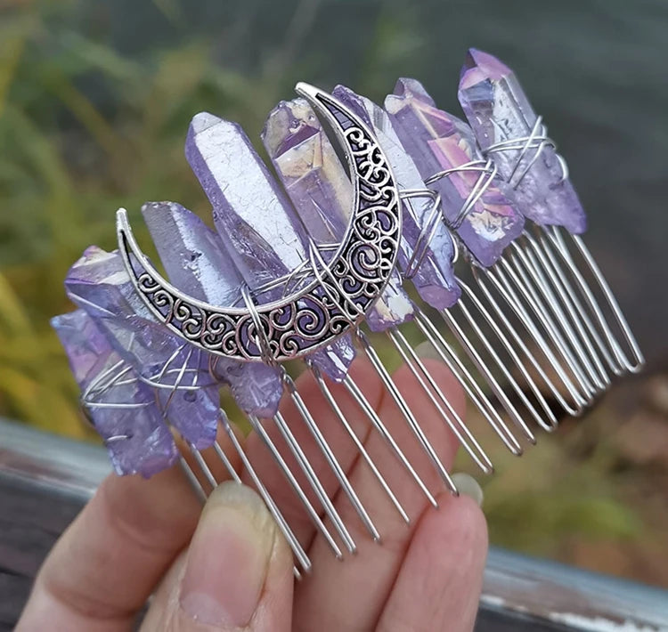 HZ Fashion Design Witch Moon HZ Natural Crystal Comb Bride Silver Thread Light Purple Comb Brides Hair Combs