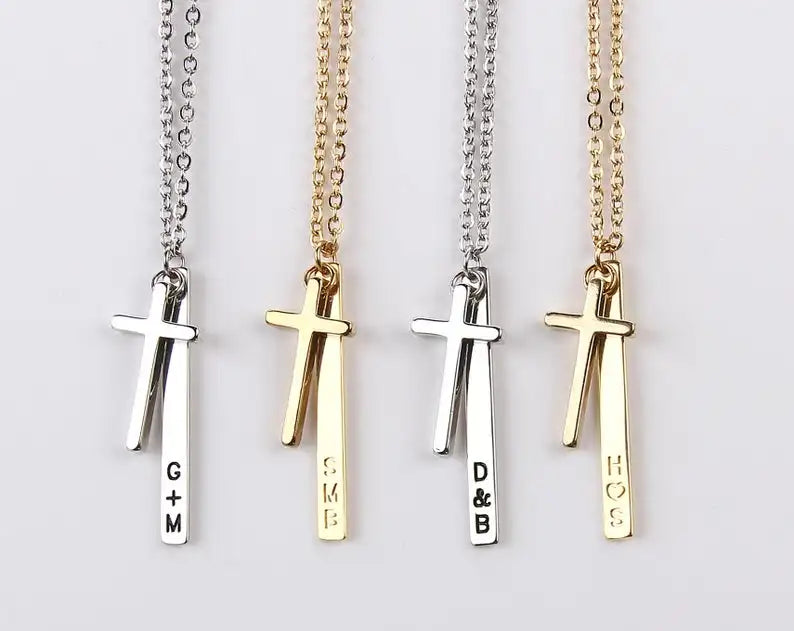 Personalized Bar Engraved Couple Initial Letter Necklaces Stainless Steel Handmade Cross Pendant Necklace for Women Jewelry