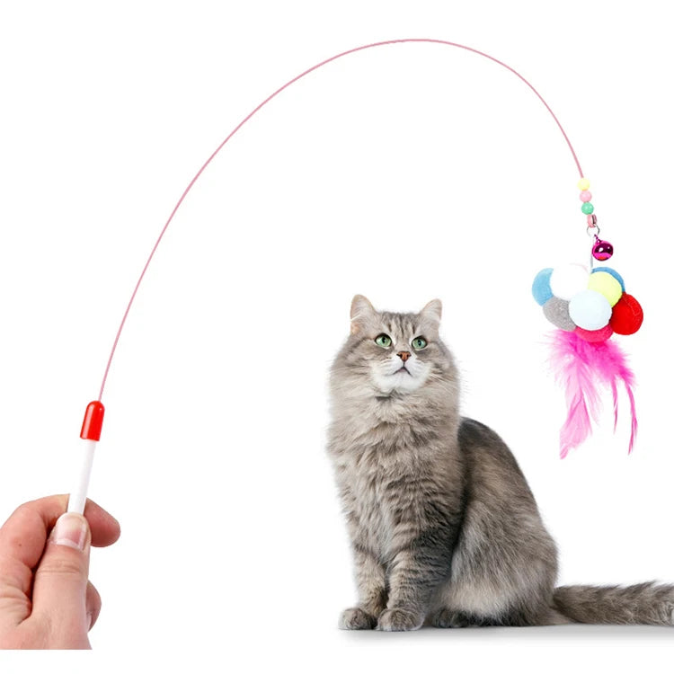 High Quality Steel Wire Feather Cat Toy Teaser Stick with Ball and Bell