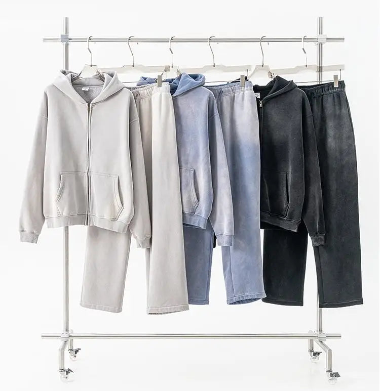 Acid Wash Winter Pullover Tracksuit Rhinestone Solid Flare Athletic Baggy Stand Short Hoodie Sweatpants 100% Cotton Breathable