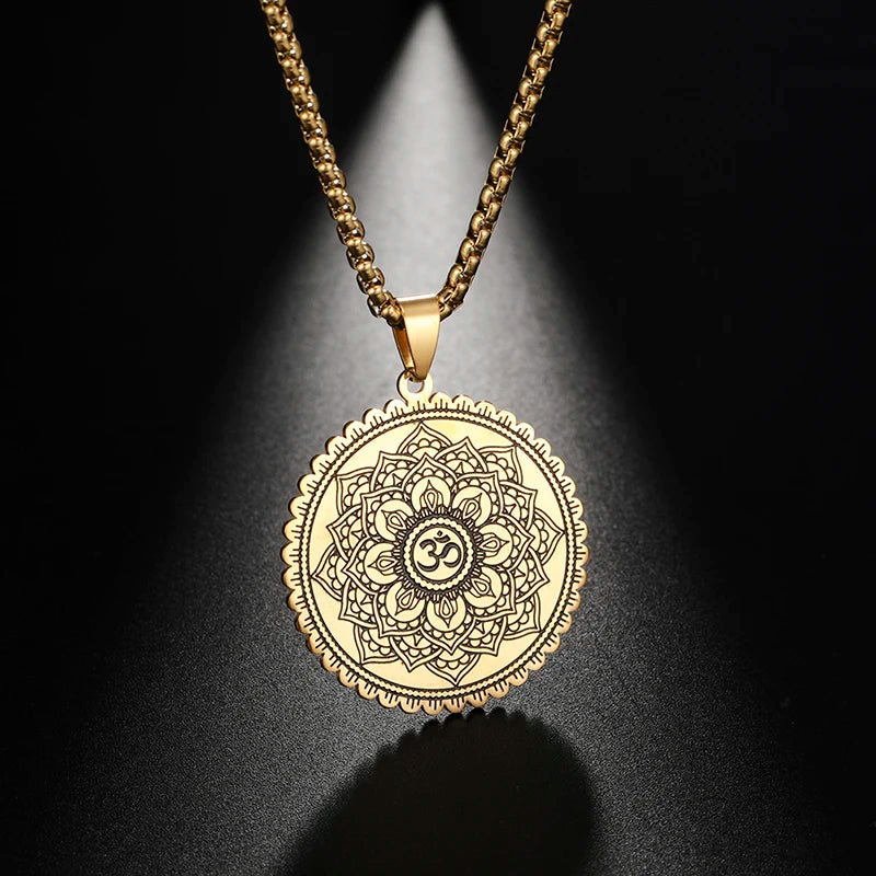 Vintage Buddhism Mandala Yoga Round Pendant OM Necklace Religious Geometry Meditation Amulet Stainless Steel Jewelry Men