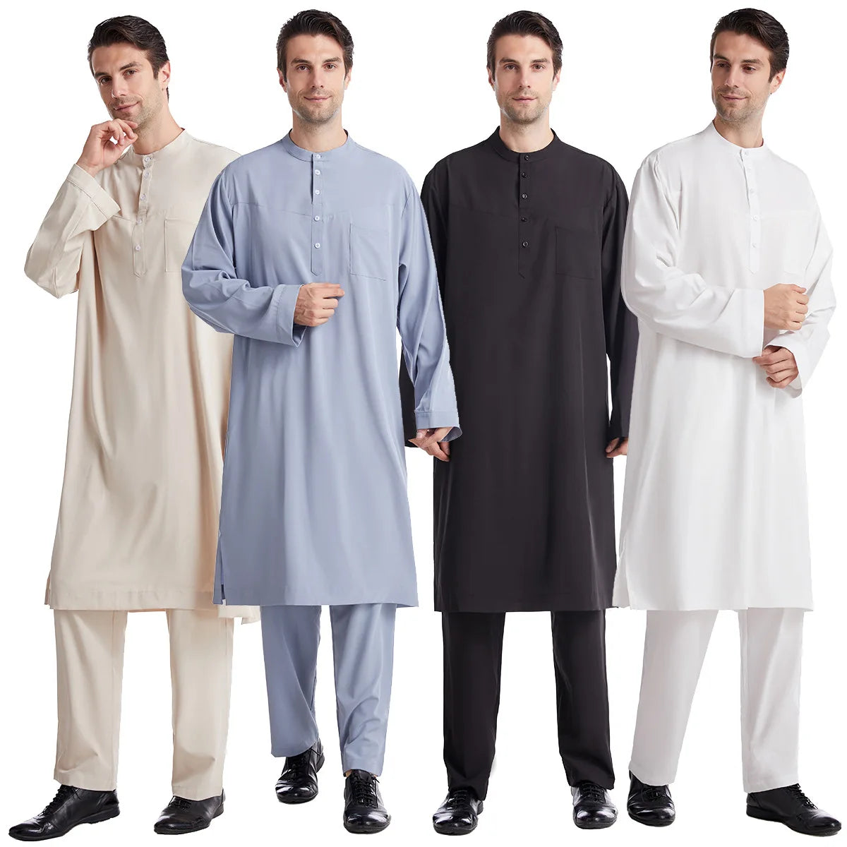 New Middle East Men Islamic Clothing Thobe Men Muslim Spot Middle East Button Round Neck Robe Set