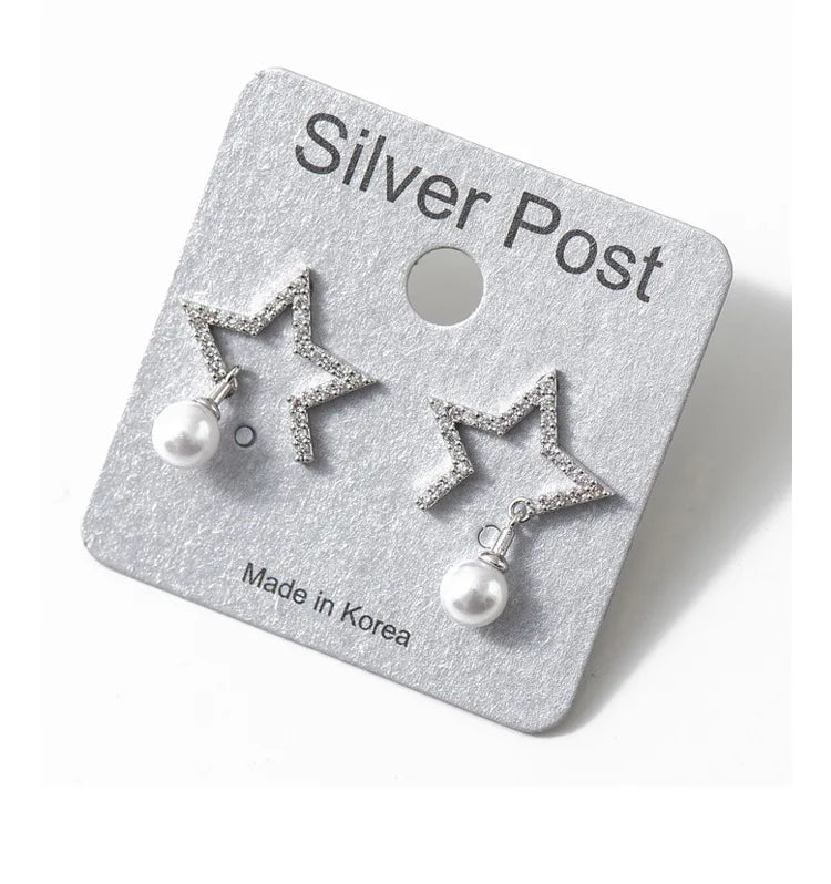 S925 Sterling Silver Earrings Star Pearl Zircon Earrings Korean Sterling Silver Jewelry Joker