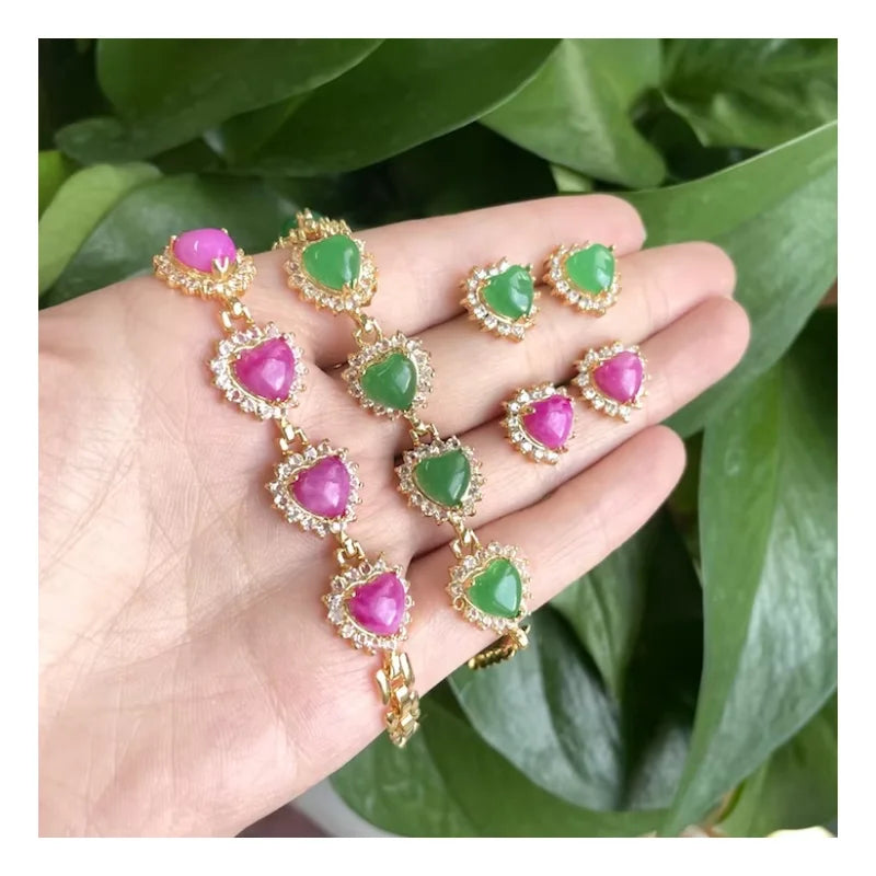Fashion Jewelry Friendship Gold Fine Diamond Women's Bracelets Real Jadeite  love Heart Green pink Natural Jade Stone Bracelet