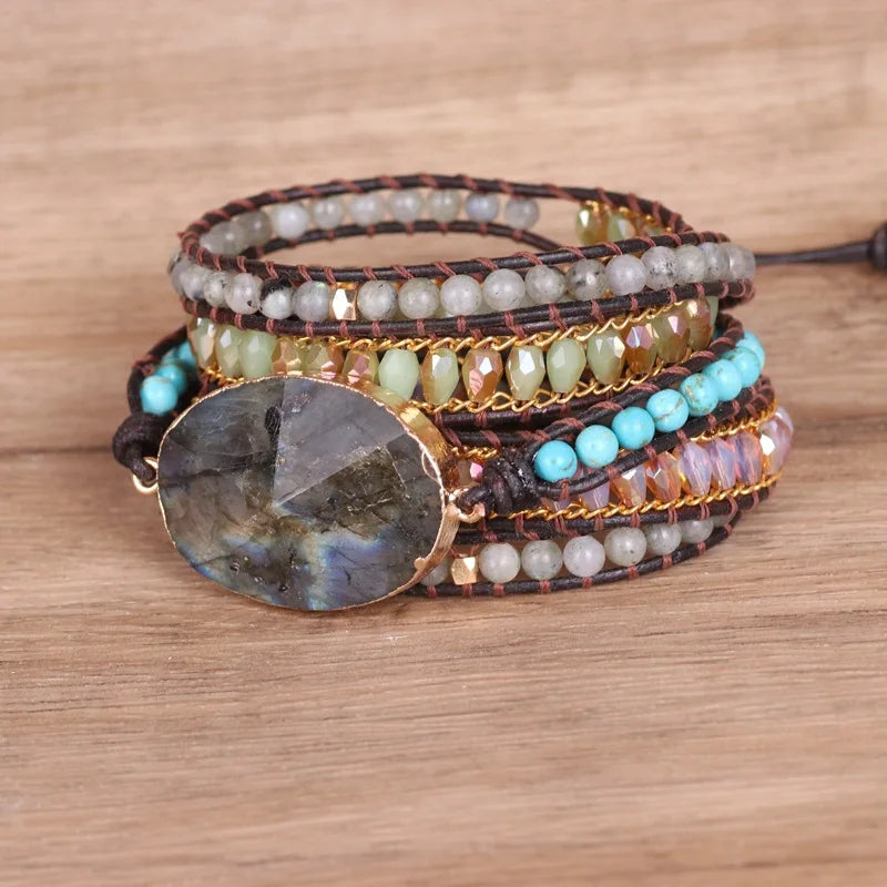 Bohemian Handmade Labradorite Multilayer Wrap Natural Stone Bead Bracelet SKB029