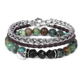 3 Pcs Wish Charm Natural African Turquoise Stone Beaded Bracelet Brown Leather Silver Chain Bracelet Set for Mens Luxury Jewelry
