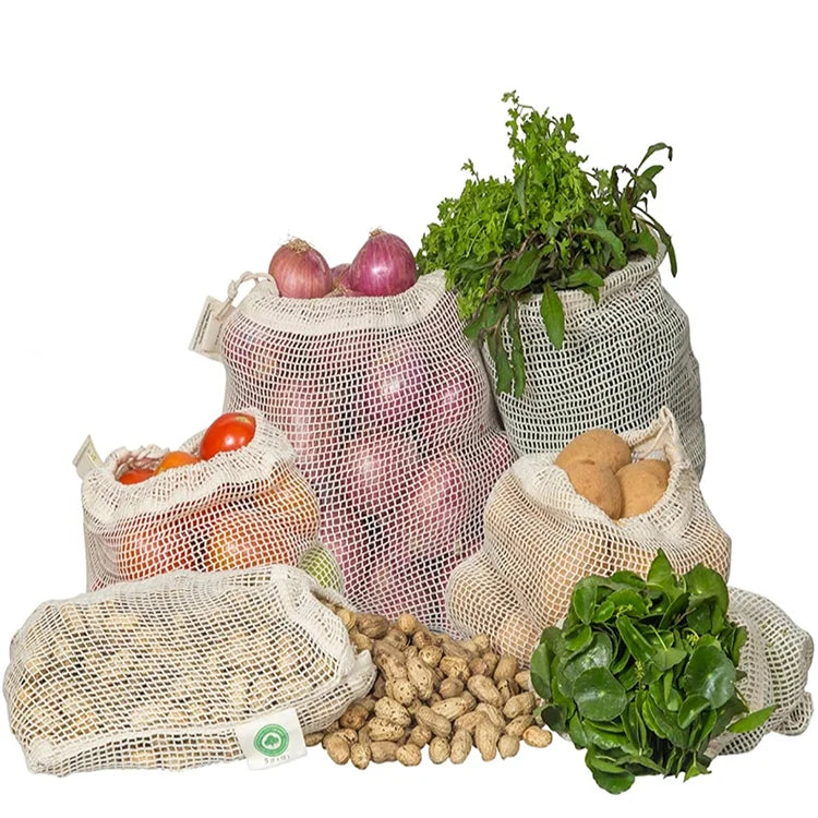 Reusable Cotton Mesh Produce Bag Set Drawstring Net Bag for Fruits