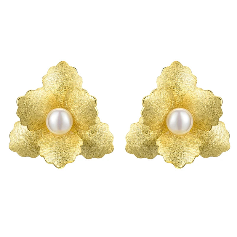 Lotus Fun Fashion Diamond Fine Jewelry Baroque Pearl Stud Earrings Set 925 Sterling Silver With 18k Gold Plated for Women Lady