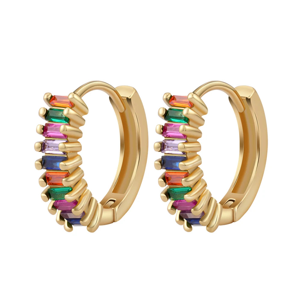 Women Jewelry 18k Gold Plated Micro Inlay Colorful Zircon Hoop Baguette Earrings