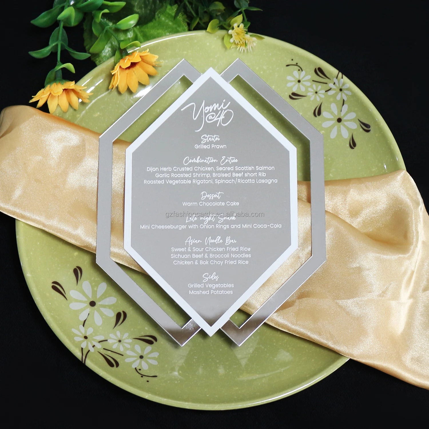 Premium Custom Creative Special Shape Silver Mirror Acrylic Menu Cards for Wedding/Christmas/Birthday Party Event