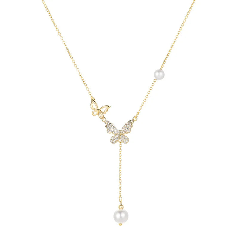 Wholesale Light Luxury Fashion Temperament Tassel Pendant Copper Pearl butterfly Necklace Women