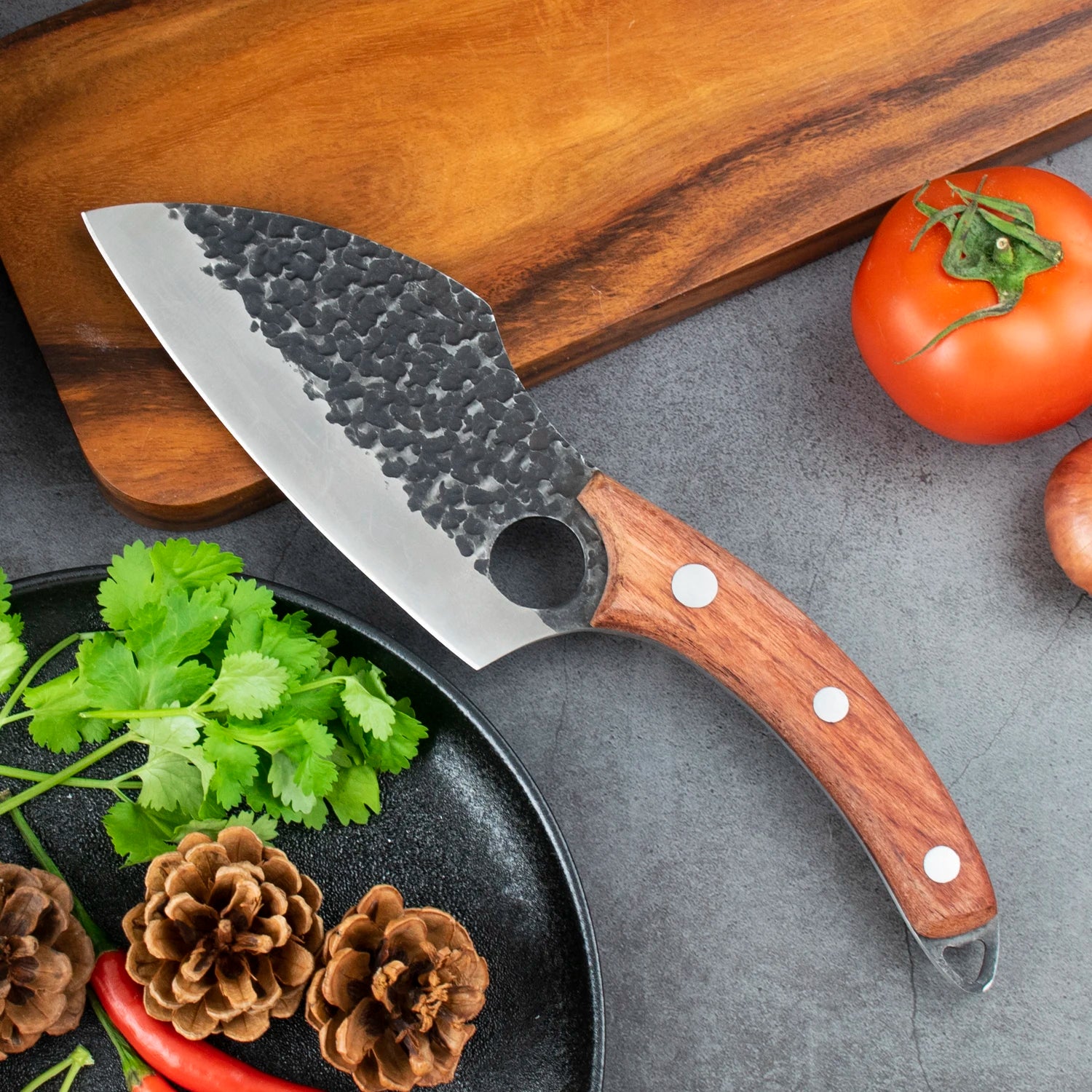 5.5 Inch Rosewood Handle Eco-Friendly Hammered Hand Forged Stainless Steel Butcher Knife Cleaver for Kitchen Use
