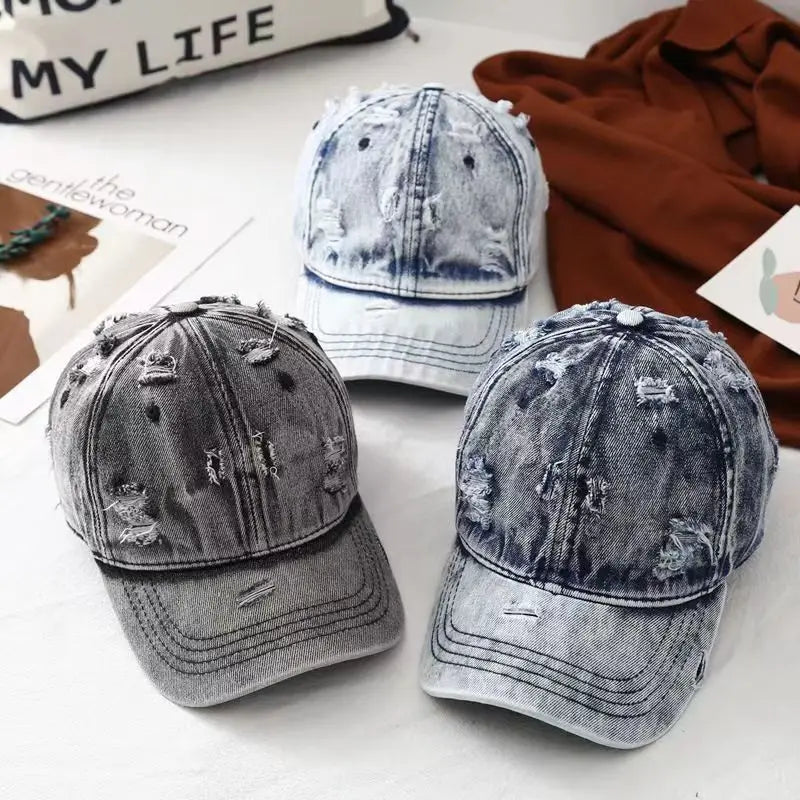 Unstructured Low Profile Ball Caps Y2k Washed Denim Distressed Baseball Cap Adjustable Cotton Hip-hop Dad Hat for Women Men
