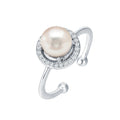 New Arrival 925 Sterling Silver Rhodium Plated Halo Setting Cz Adjustable Freshwater Pearl Ring