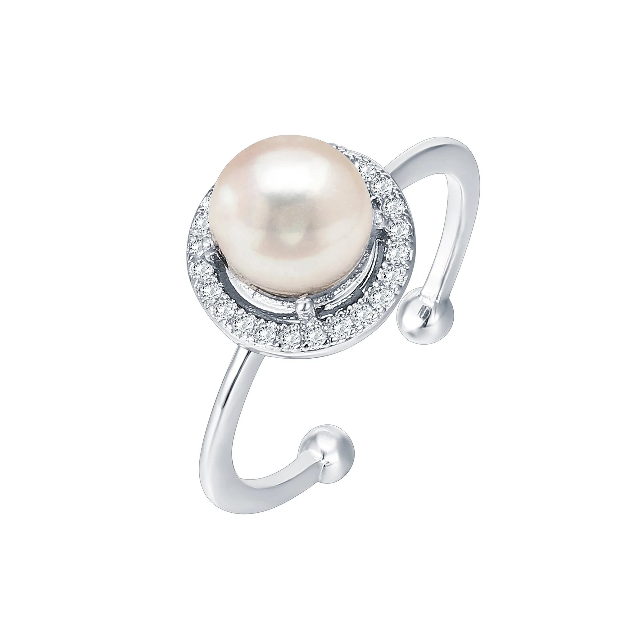 New Arrival 925 Sterling Silver Rhodium Plated Halo Setting Cz Adjustable Freshwater Pearl Ring
