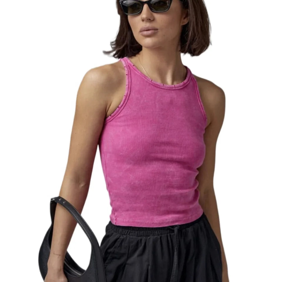 KY Women's Acid Washed Crop Distressed Basic Camisole Tank Top Short Casual Halter Breathable Knitted Fabric Rib Female Design