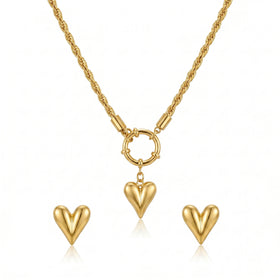 QIAOREN 11589 Waterproof 18K Gold Plated Stainless Steel Heart Jewelry Set Rope Chain Necklace Earrings Daily Wear