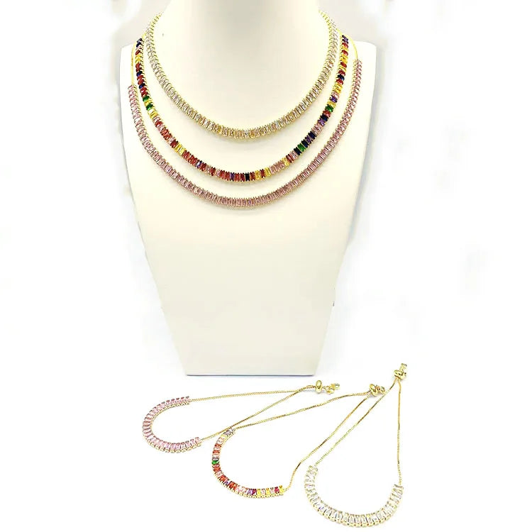 S11071 Bling Jewellery 18K Gold Plated Rectangle CZ Cubic Zirconia Tennis Chain Necklace and Bracelet Jewelry Sets