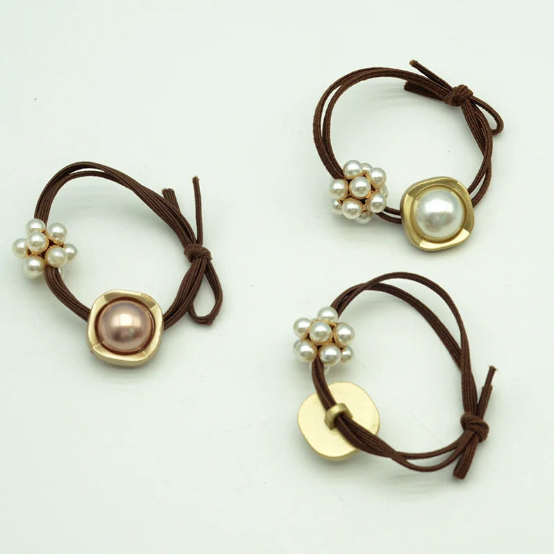 Brown Double Circles Knotted Elastic Hair Bands With Big Buttons and Pearl Beads Hair Ties for Girls Elasticity Ponytail Holders
