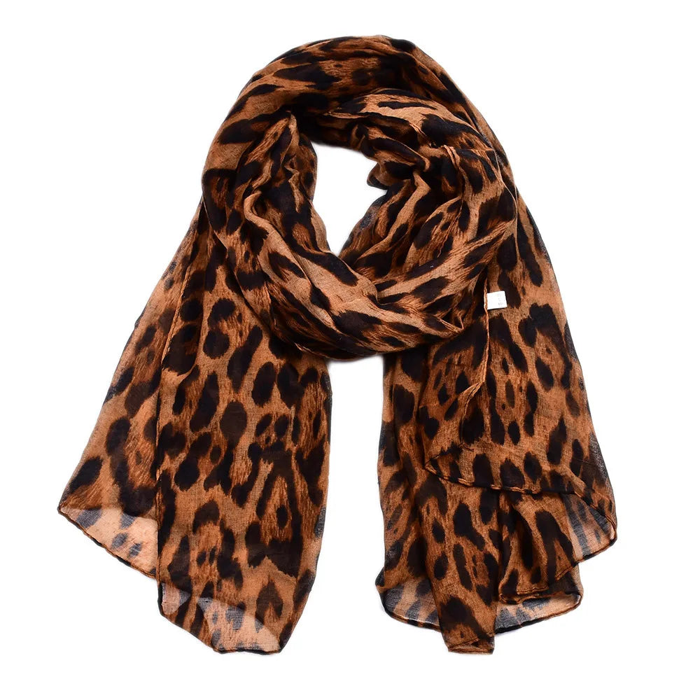 Women's Lightweight Leopard-Printed Voile Scarf Shawl for Spring/Summer Featuring Leaf Dot Tropical Patterns