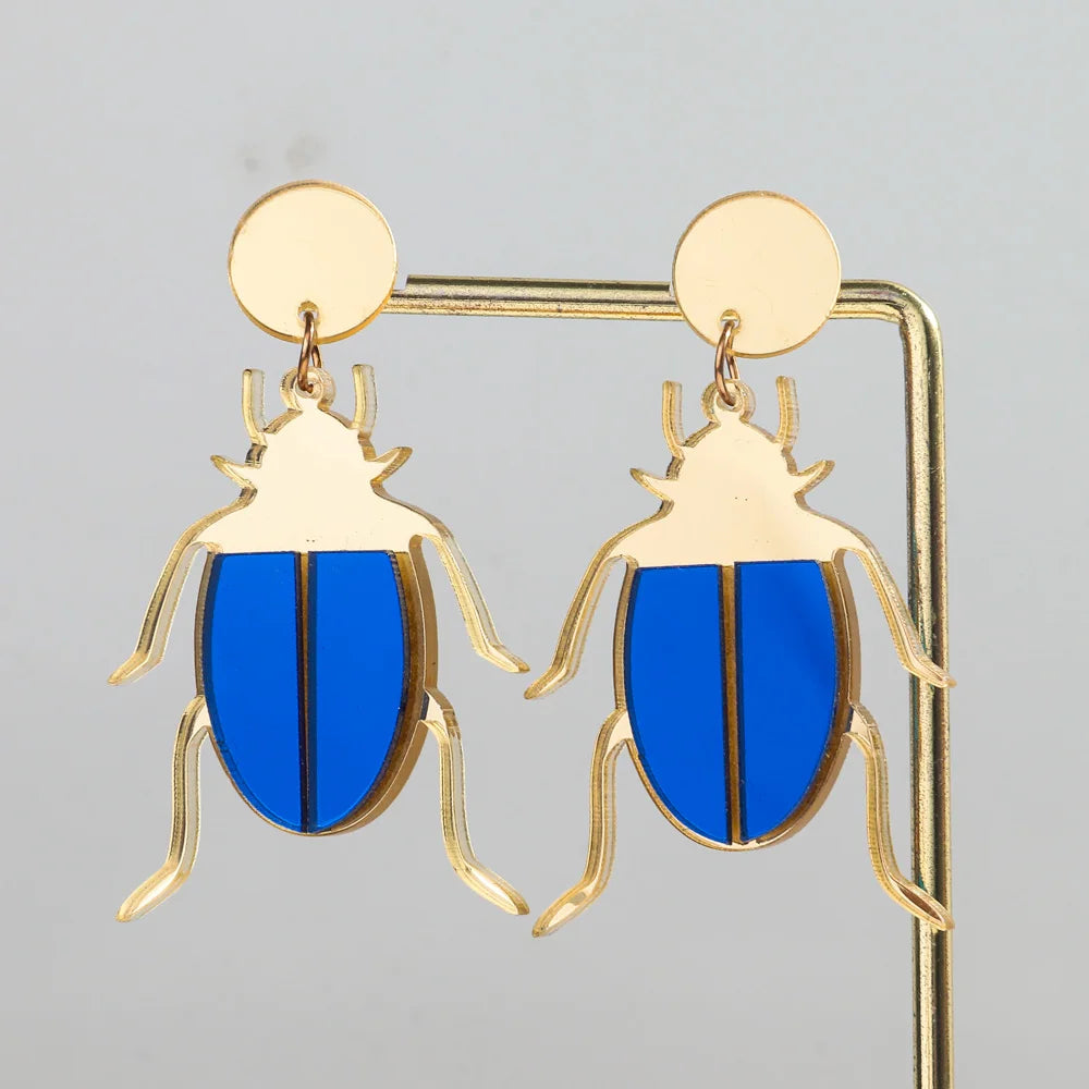 Office Casual Jewelry Funny Insect Animal Cartoon Beetle Ladybug Hip Hop Gold Mirror Prank Acrylic Drop Earrings