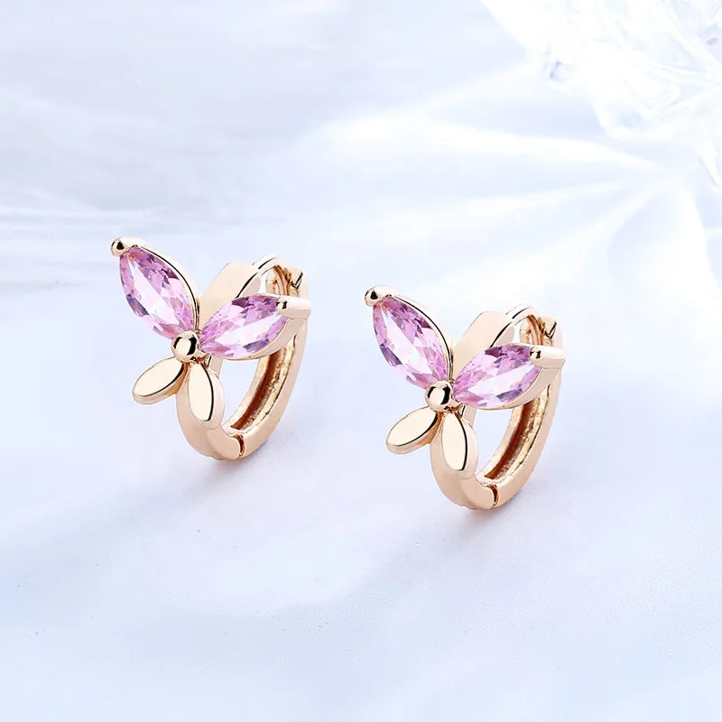 Hengdian Trendy Women's 18K Gold Plated Butterfly Earrings Copper Huggie Hoops Zirconia Stones Fashion Jewelry Set Wholesale