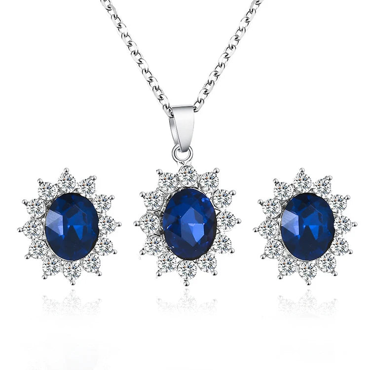 Trendy Silver Plated Sunflower Shaped Blue Rhinestone Crystal Zircon Earring Necklace Women Jewelry Set for Ladies