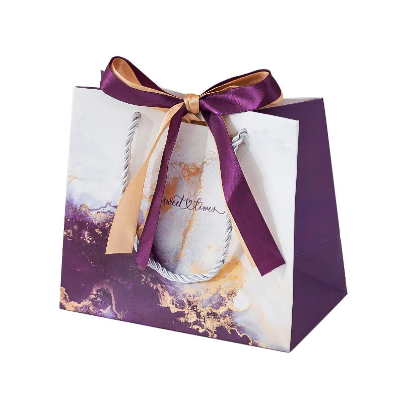 Luxury Purple Marble Sweet Time Shopping Paper Bags Boutique Recyclable Gift Bag With Bow Tie for Wedding Birthday Party