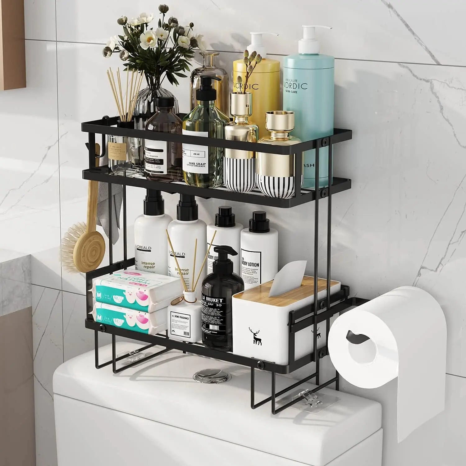 Bathroom Accessories Set Caddy Organizers Storage 2 Tier Over Toilet Storage Shower Rack with 2 Hooks & Toilet Paper Holder