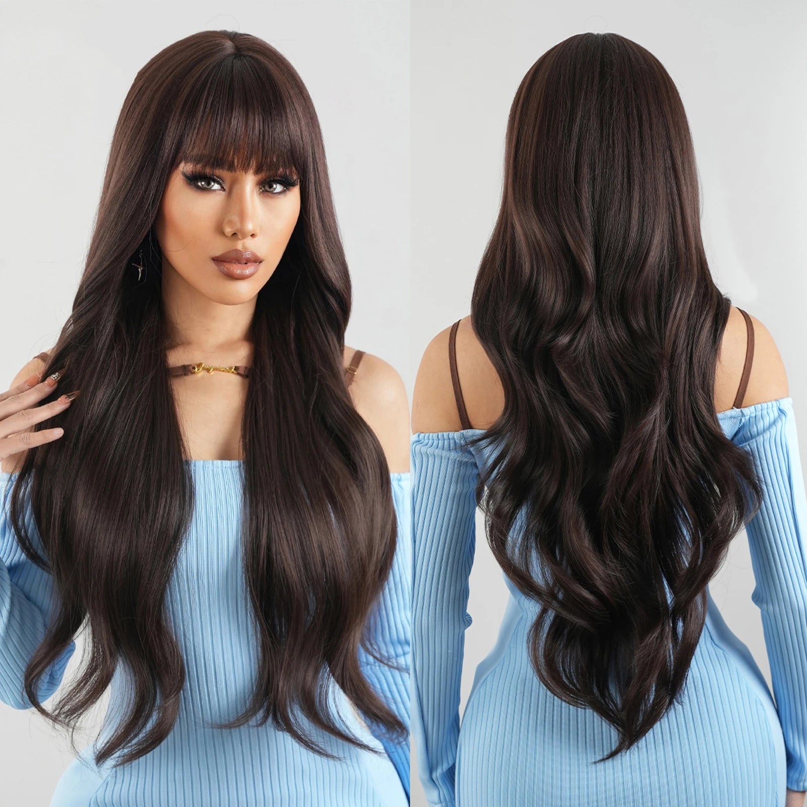 Wigs Wholesale Long Wave Synthetic Dark Brown Wig for Black Women Body Wavy Party Wigs with Fluffy Bangs Heat Resistant Fiber