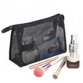 Quality Nylon Mesh Makeup Toiletry Wash Bag with Golden Printed Logo Custom Black Mesh Cosmetic Skin Care Products Organizer Bag