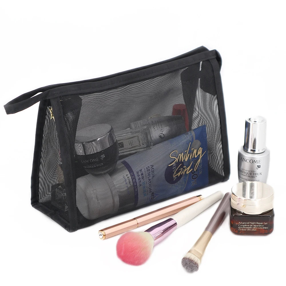 Quality Nylon Mesh Makeup Toiletry Wash Bag with Golden Printed Logo Custom Black Mesh Cosmetic Skin Care Products Organizer Bag