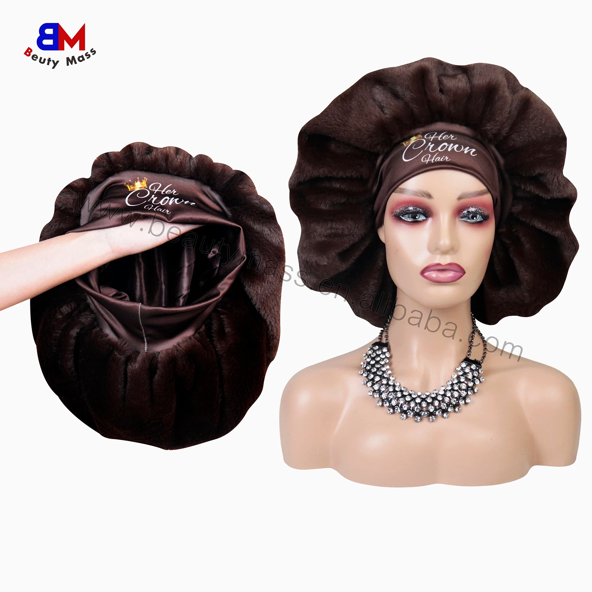 Custom Bonnets Silk Logo With Band Furry Bonnet Warm Fashion Satin Inside Reversible Bonnets Sleep Cap for Women