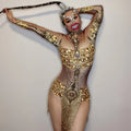 Gold Fringe Rhinestone Dance Leotard Stage Party Evening DressWomen Bodycon Club One Piece Bodysuit