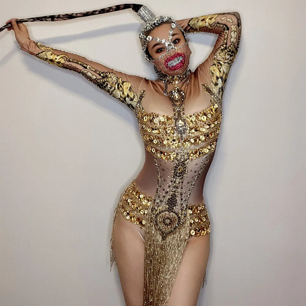 Gold Fringe Rhinestone Dance Leotard Stage Party Evening DressWomen Bodycon Club One Piece Bodysuit