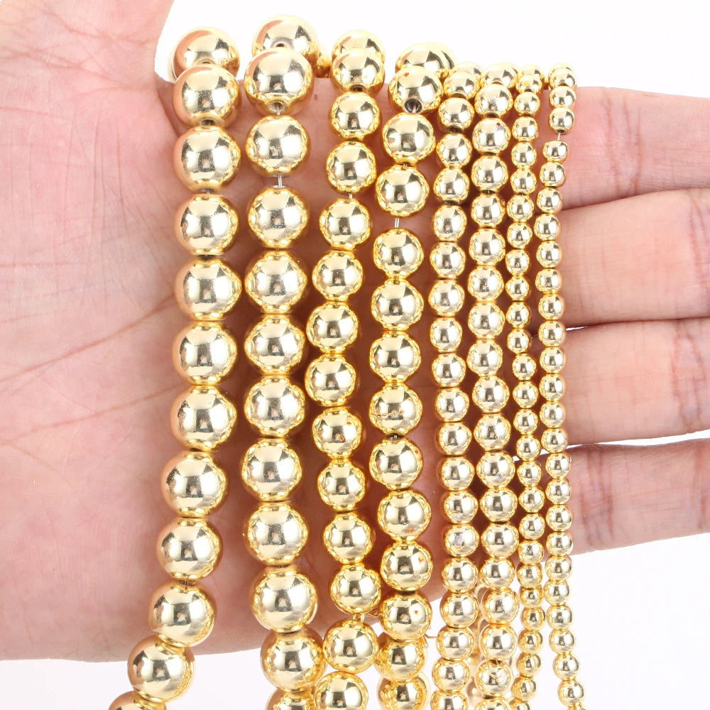 AsVrai U Natural Hematite Stone Beads 18K Gold Color  Loose Round Beads for Jewelry Making DIY Bracelets Accessories Wholesale