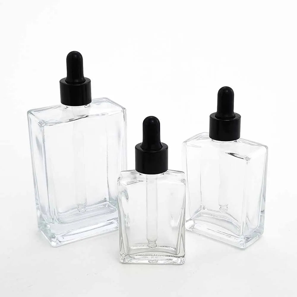 Hot Sale Essential Oil Cosmetic Package Transparent 30 50 100 ml Square Glass Serum Dropper Bottle