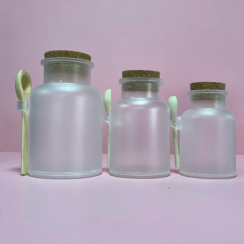 Skin Care Bottle Package 3oz 7oz 10oz Empty Plastic Plastic Sugar Scrub Bath Salt Jar with Cork and Bamboo Spoon