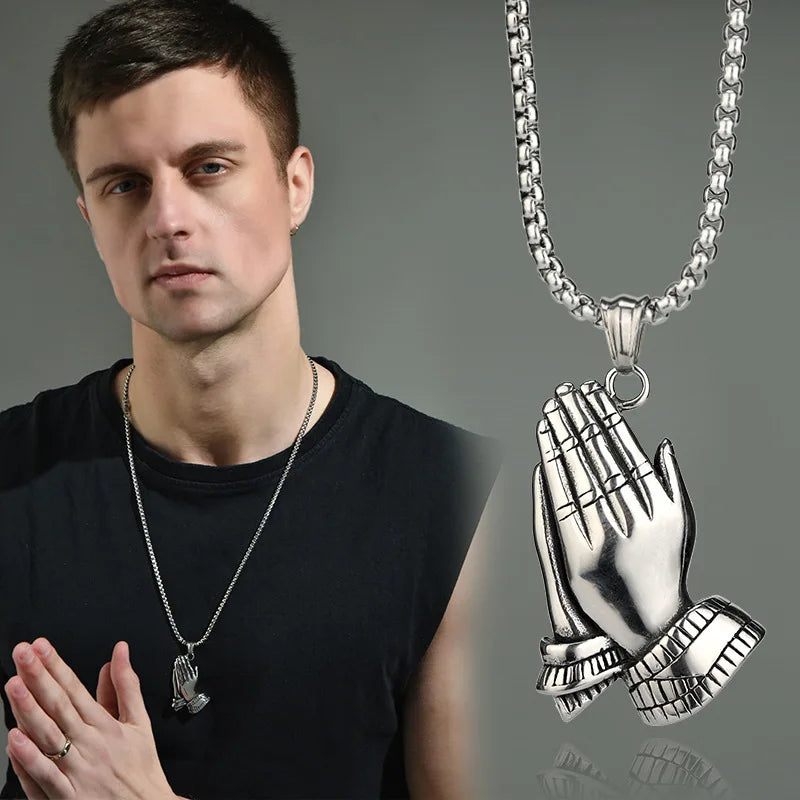 Praying Hand Pendant Necklace Hip Hop Rock Street Titanium Stainless Steel Rhinestone Necklace Zircon Rap Jewelry Men's Gift