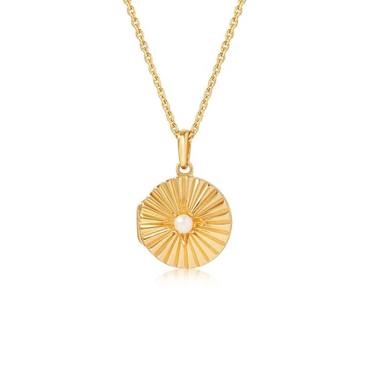 Gemnel Fashion 925 Silver 18k Gold Pearl Sun Radiant Locket Open Pendant Necklace Women