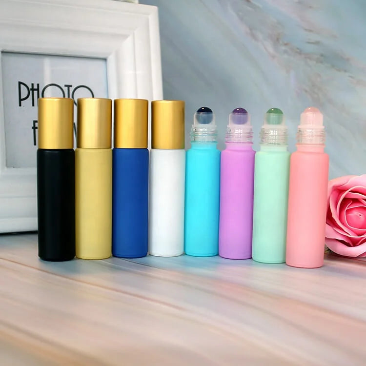 Wholesale NEW ARRIVAL 10ml Macaron Color Essential Oil Roller Glass Bottles Matte Gold Cap with Gemstone Roll on Sealing