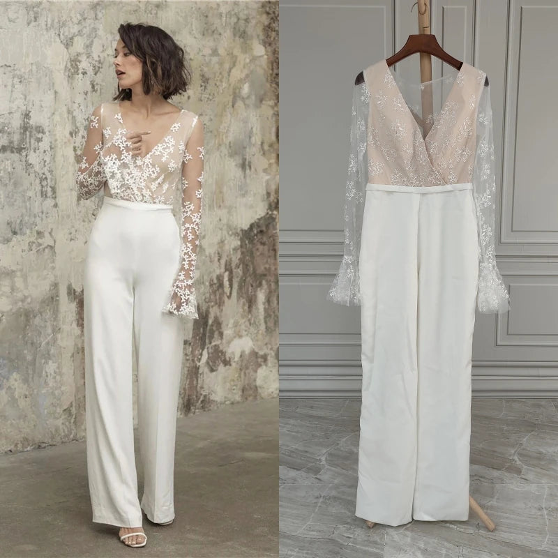 15478#Real Photos Elegant V-neck Appliques Lace Jumpsuit Wedding Dress Bohemian Bridal Dresses for Women Long Sleeves