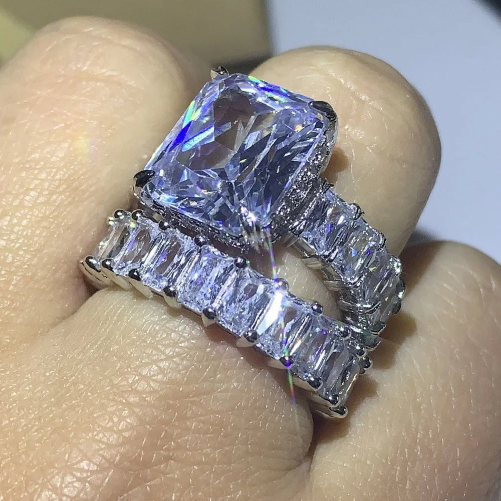 Customized 925 Silver Fine Jewelry Sparkling Big Radiant 10*12mm 5A CZ Diamond Engagement Band Rings Set Weddings Designed