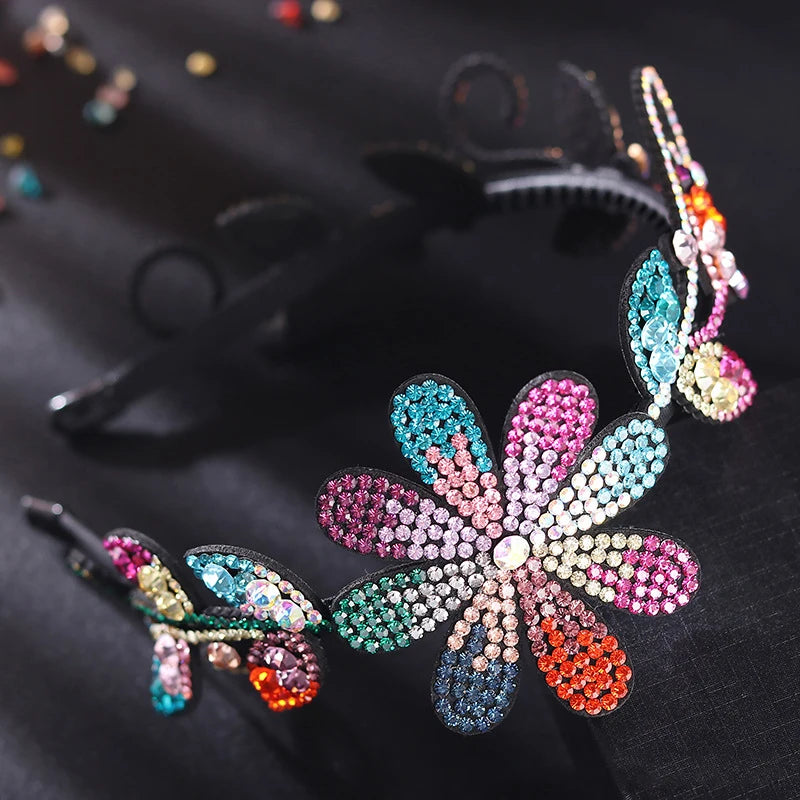 HX-075 Korean New Flower Leaves Full Drill Hairband Non-slip High-grade Diamond-studded Headband