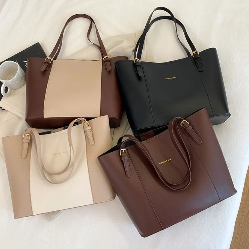 2025 New Fashion Stitching Color Woman Tote Bags Large Woman Handbags for Commuting PU Leather Retro Style Woman Sling Bags